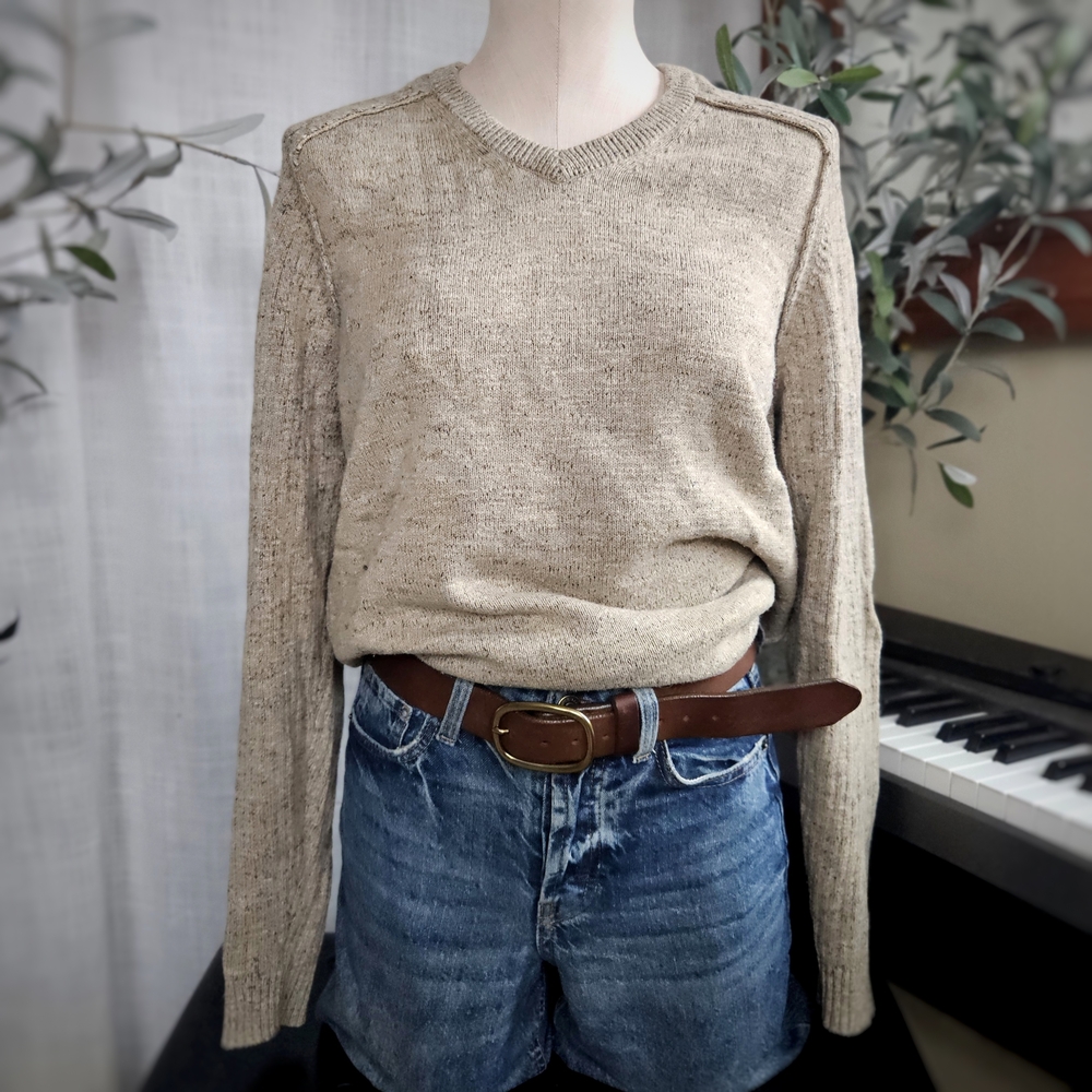 Tommy Bahama | Wool Cotton | Tan | Medium | Knit Sweater | Oversized | V-Neck